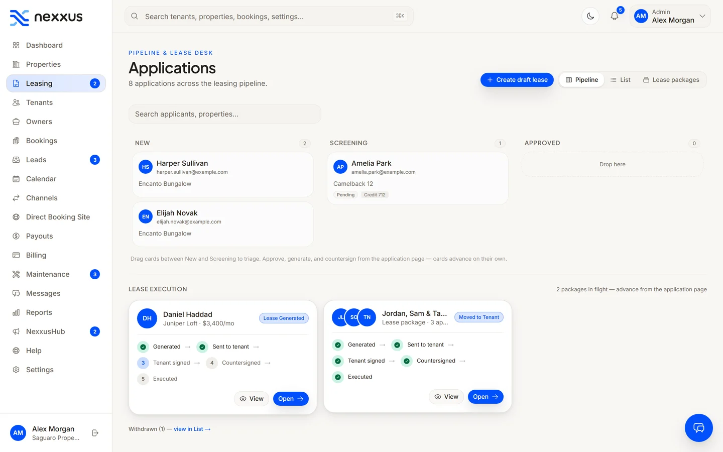 The Nexxus applications pipeline: new applications, one in screening, and lease packages moving from generated to signed and executed