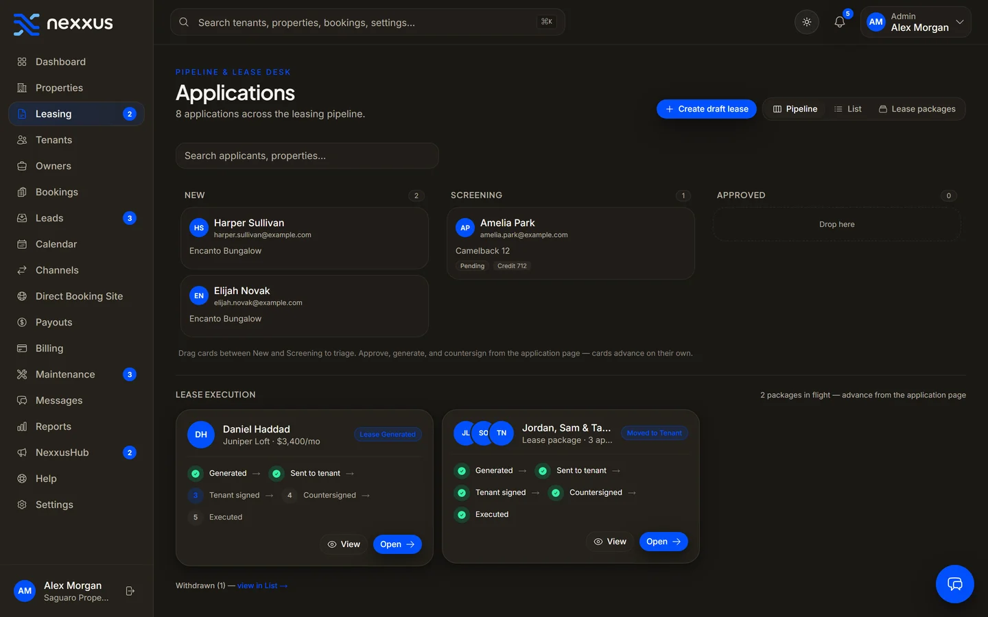 The Nexxus applications pipeline: new applications, one in screening, and lease packages moving from generated to signed and executed