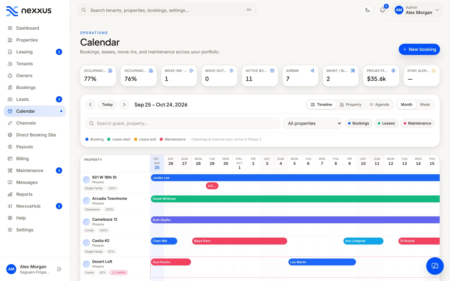 The Nexxus calendar with nightly, monthly and yearly stays across a portfolio