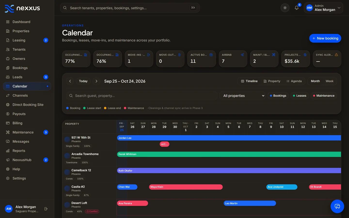 The Nexxus calendar with nightly, monthly and yearly stays across a portfolio