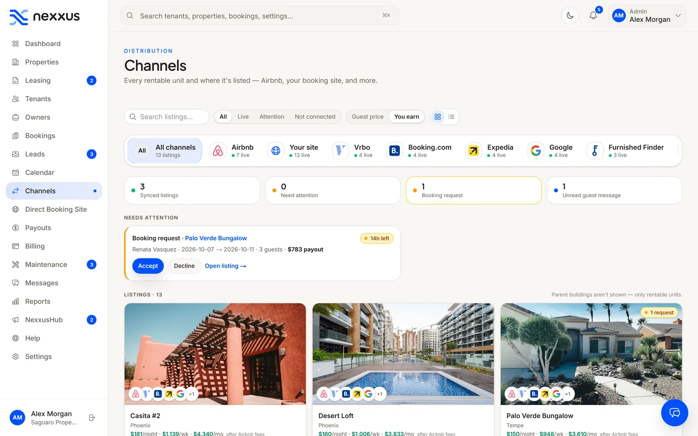 Nexxus channels: every listing and where it is listed — Airbnb, the operator’s own site, Furnished Finder and more — on one screen