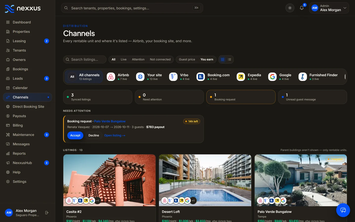 Nexxus channels: every listing and where it is listed — Airbnb, the operator’s own site, Furnished Finder and more — on one screen
