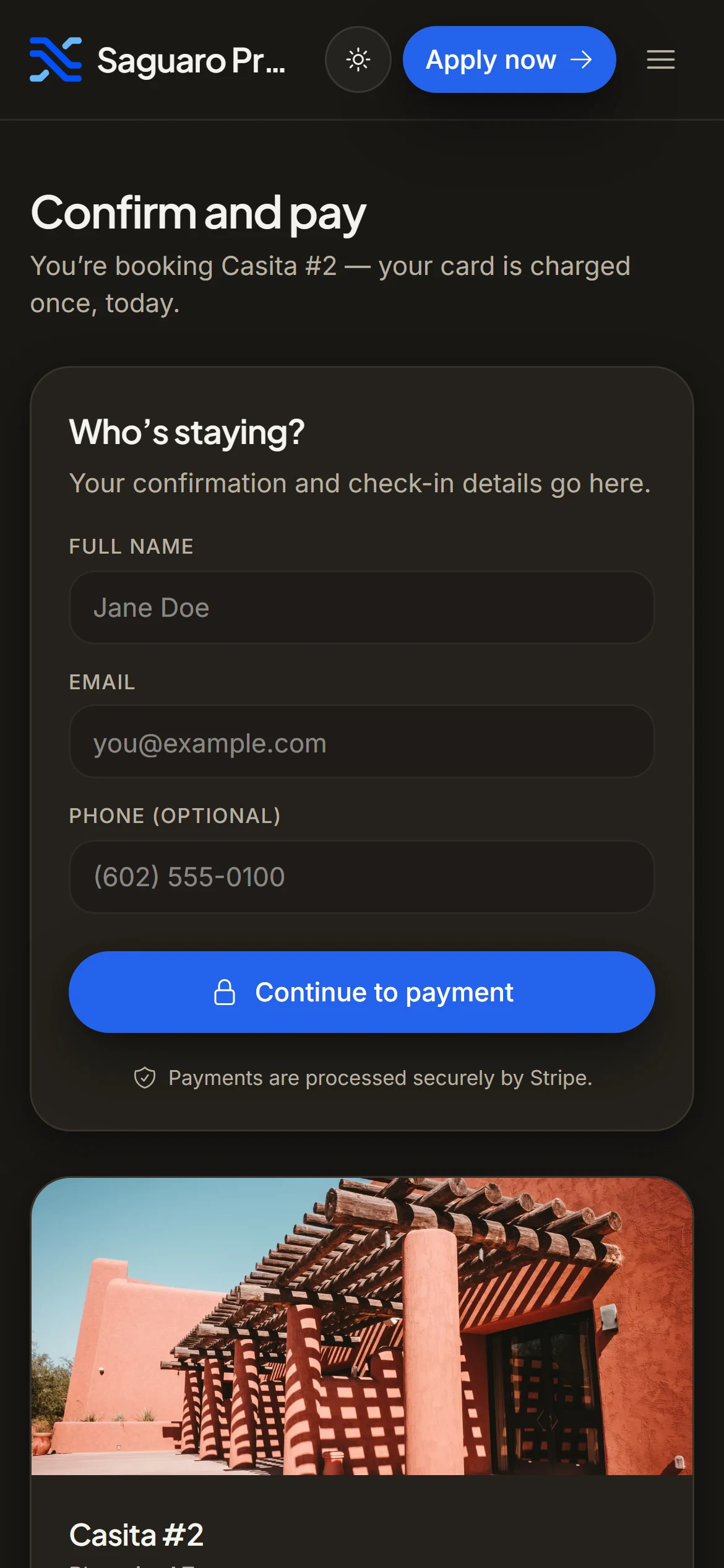 Checkout on the operator’s own booking site on a phone: guest details, then card payment processed by Stripe
