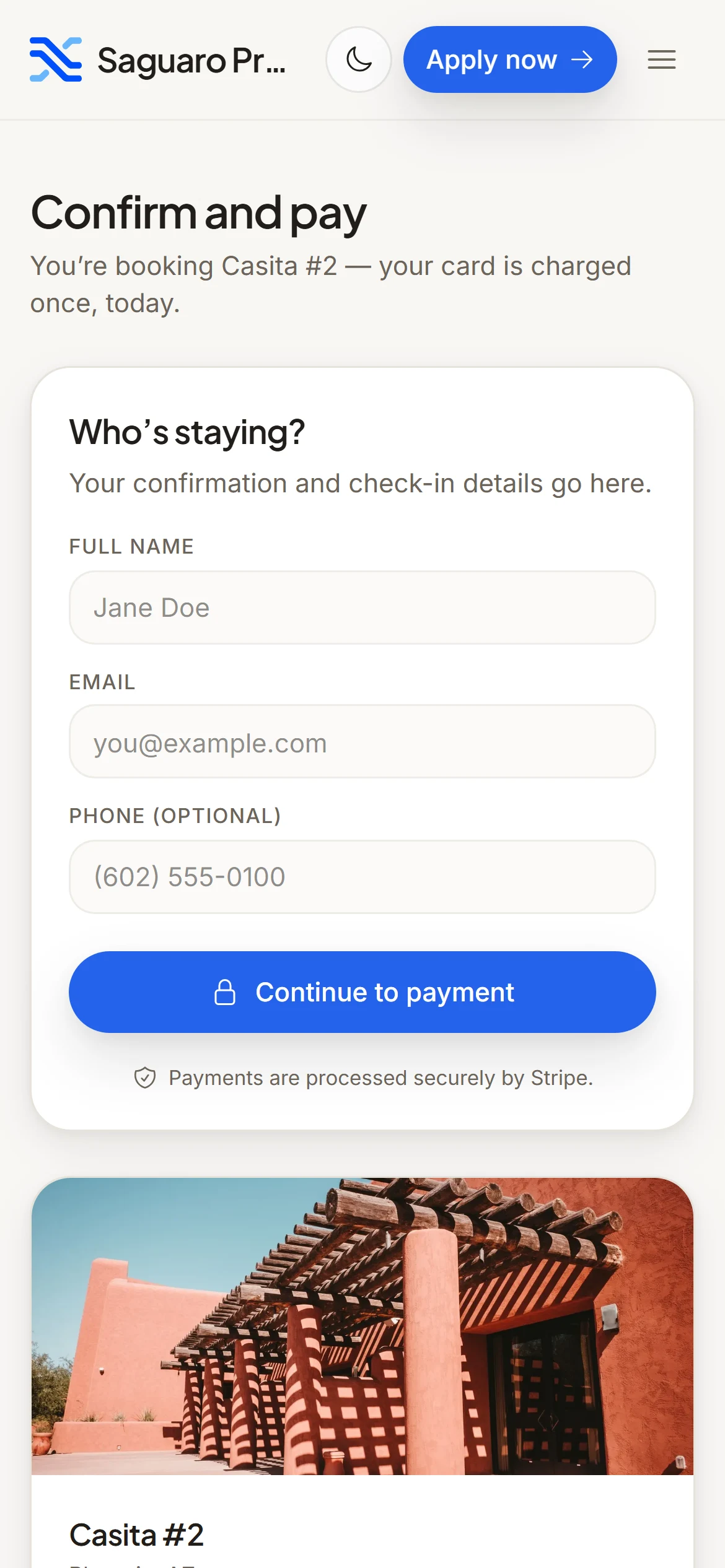 Checkout on the operator’s own booking site on a phone: guest details, then card payment processed by Stripe