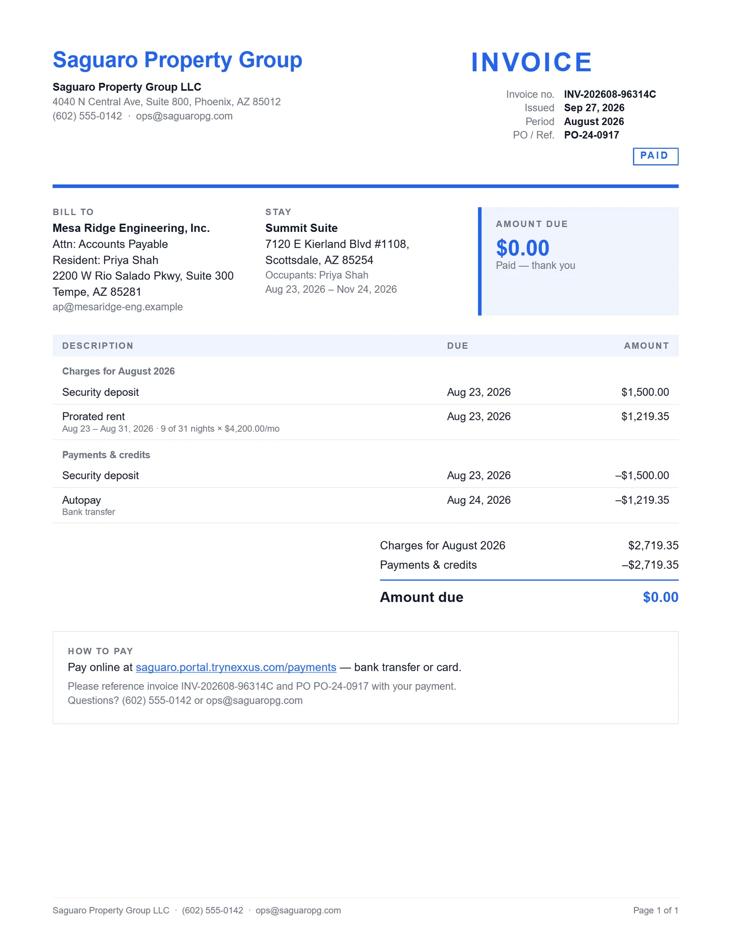 A branded corporate housing invoice PDF generated by Nexxus, billed to a company with an Attn line and PO number, with a prorated rent line for 9 of 31 nights and a pay-online link