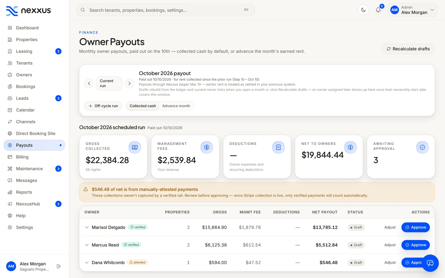 Nexxus owner payouts: gross collected, management fees and net to each owner, drafted and waiting for approval