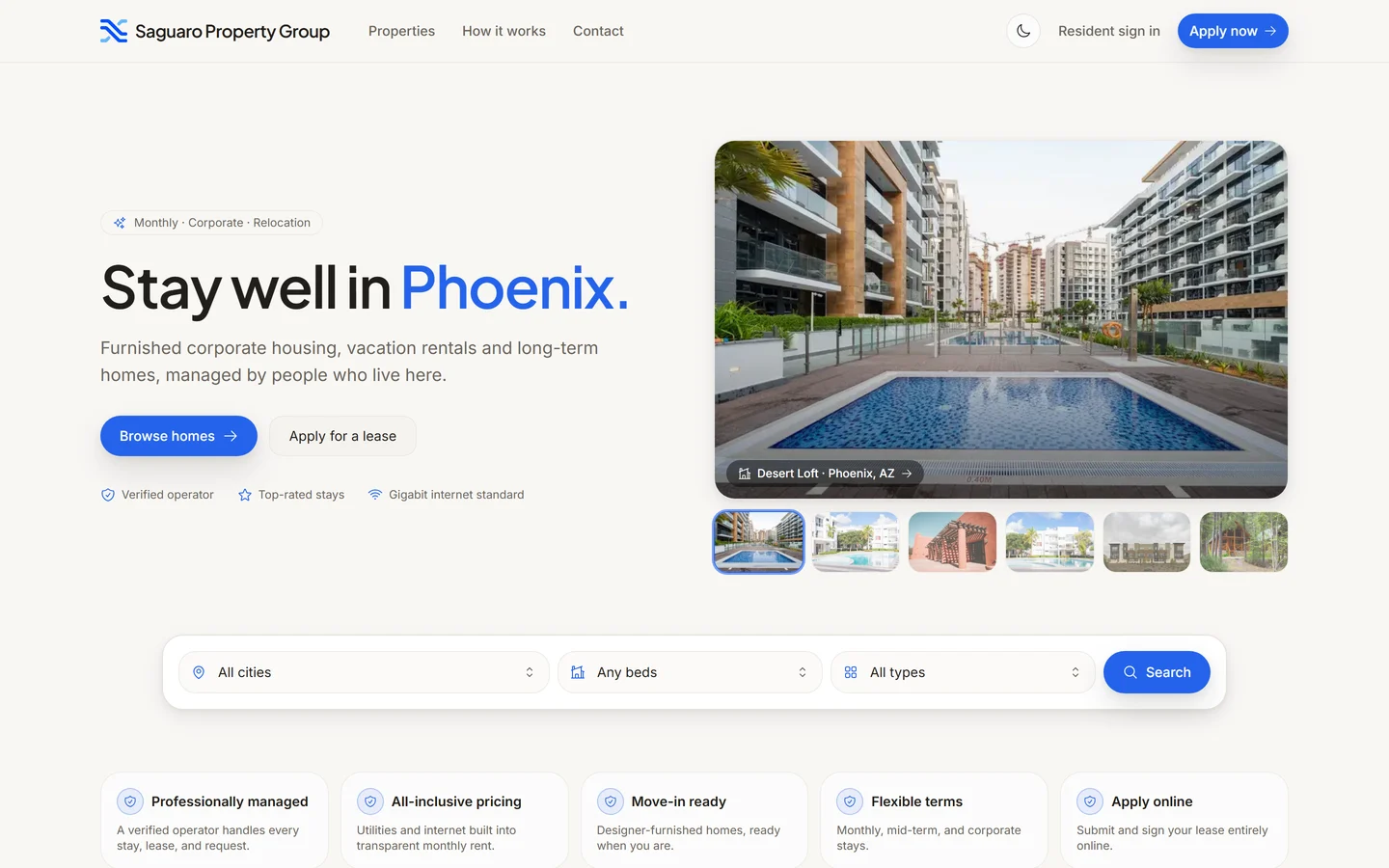 A furnished-rental operator’s direct booking site built on Nexxus, offering monthly, corporate and relocation stays