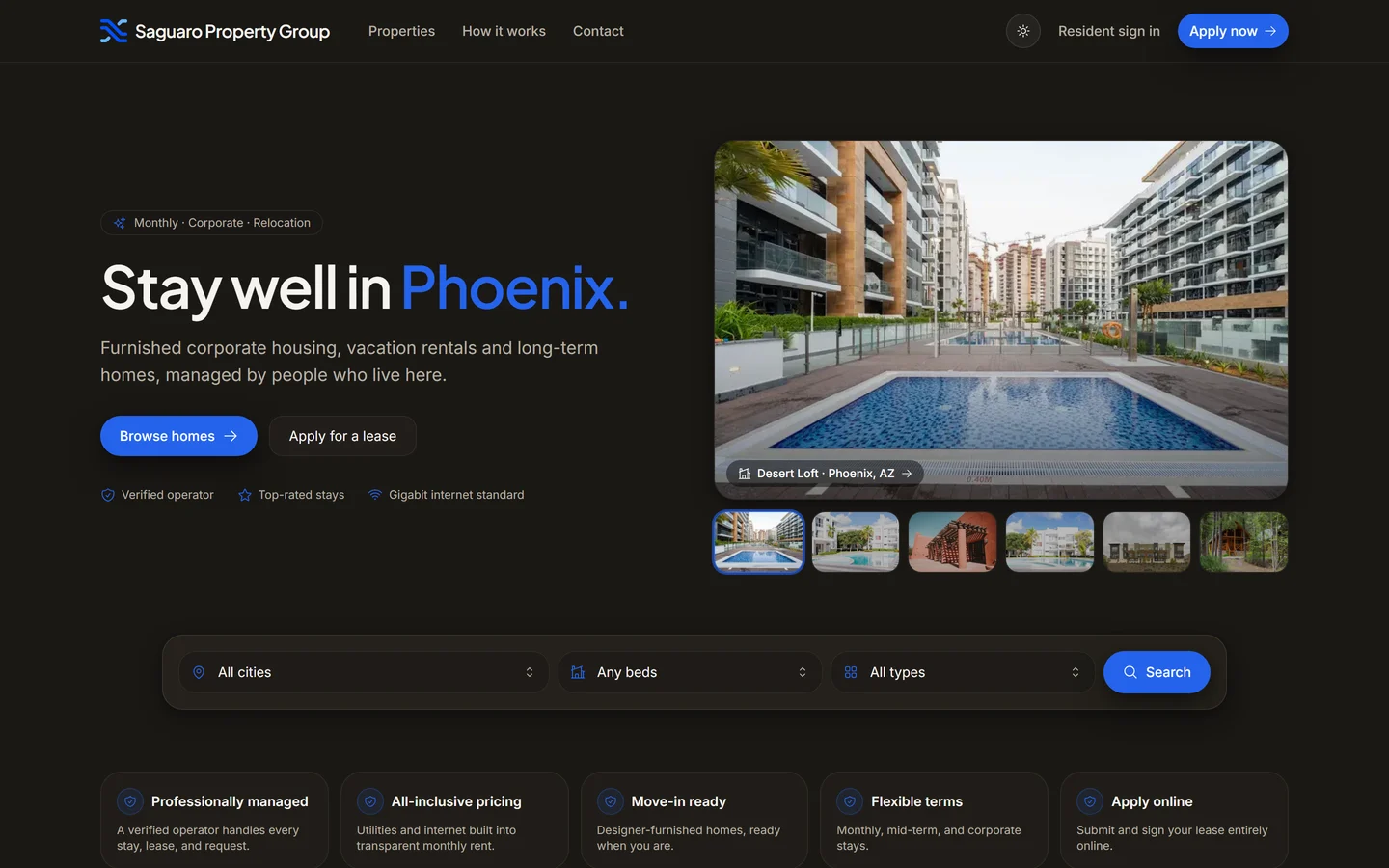 A furnished-rental operator’s direct booking site built on Nexxus, offering monthly, corporate and relocation stays