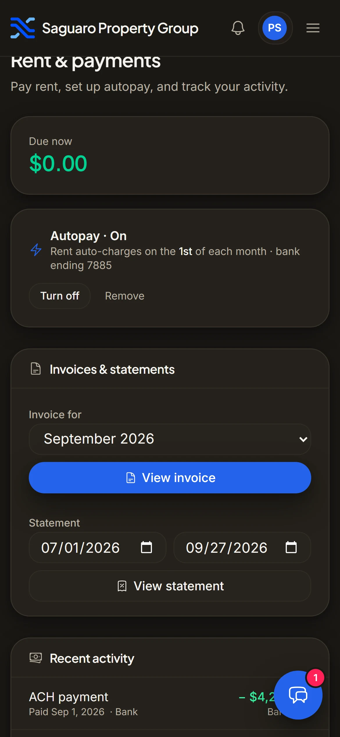 The resident portal’s Payments page on a phone, with an Invoices and statements card