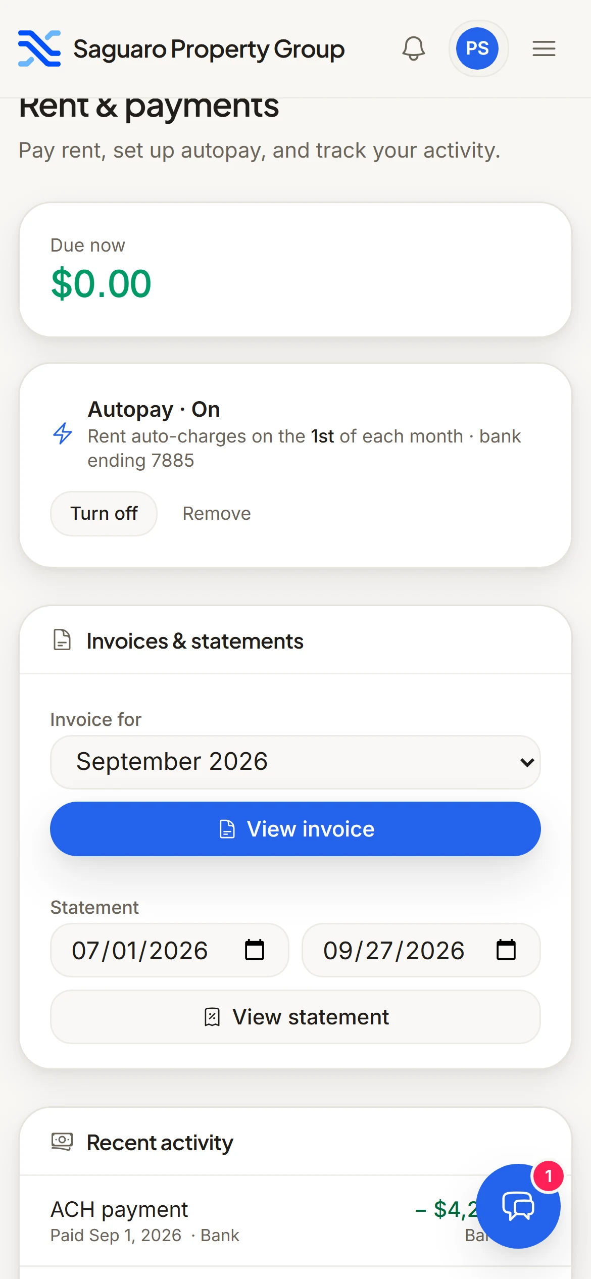 The resident portal’s Payments page on a phone, with an Invoices and statements card