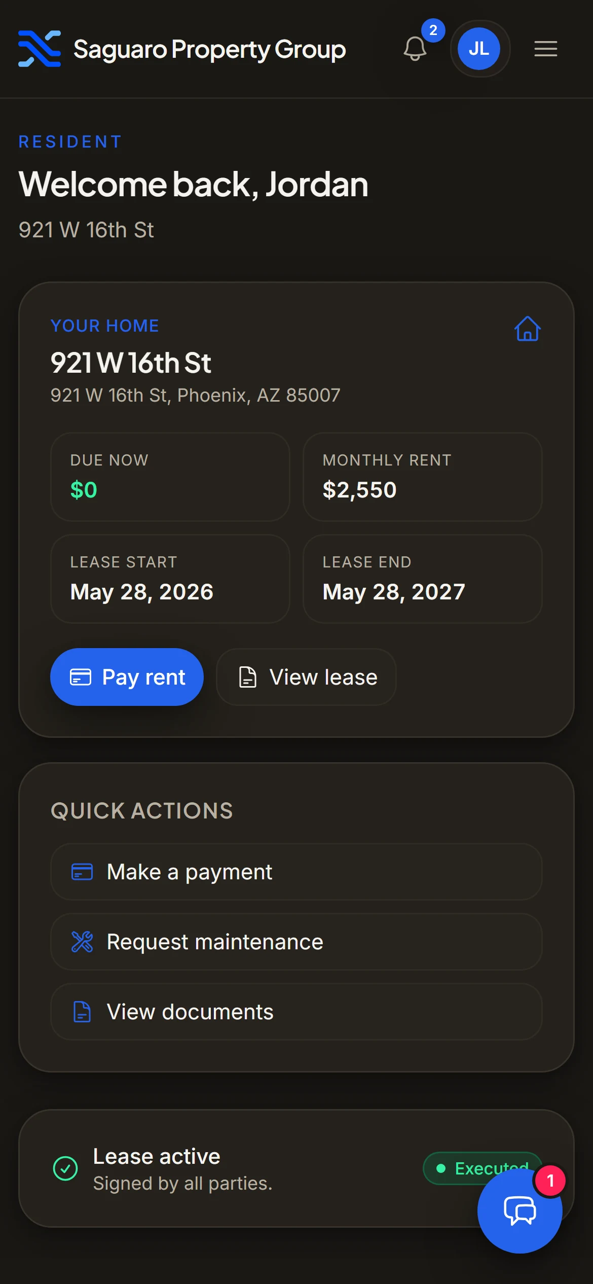 The Nexxus resident portal on a phone: rent due, the lease and maintenance