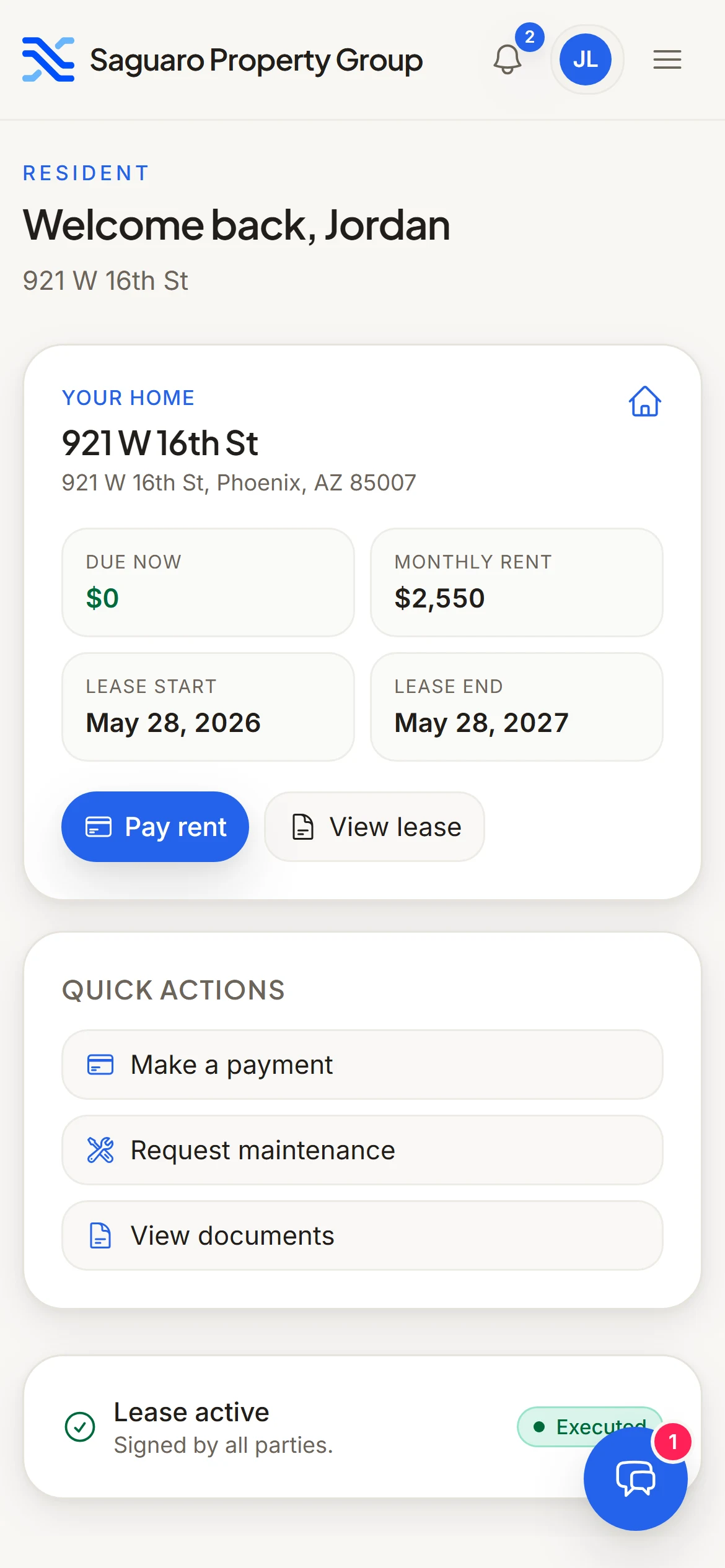 The Nexxus resident portal on a phone: rent due, the lease and maintenance